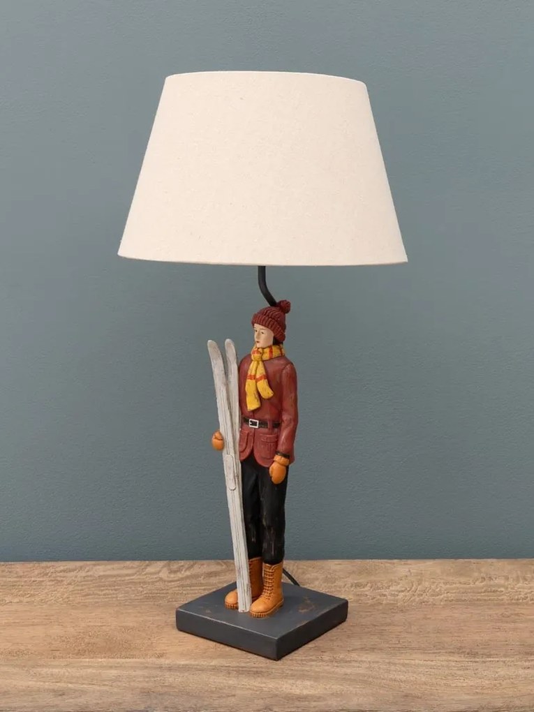 Lampa de masa, din rasina, cu abajur din bumbac, Vintage Skier