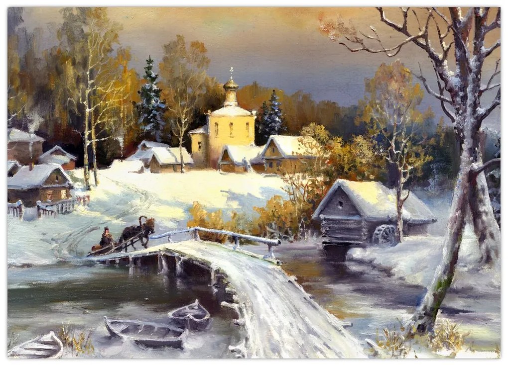 Tablou pe sticlă - Orășel iarna (70x50 cm)