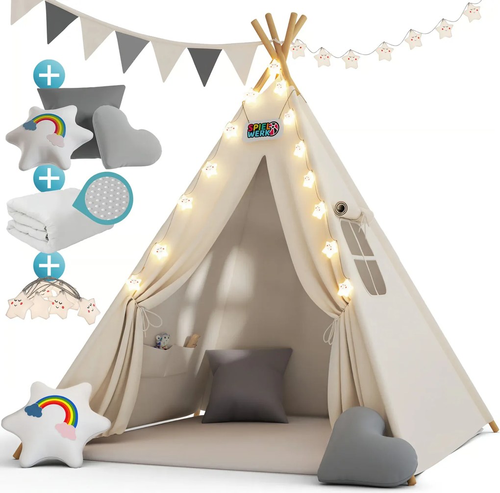 Cort tip teepee pentru copii JULIUS, 120x120x160cm, alb/gri Jurhan