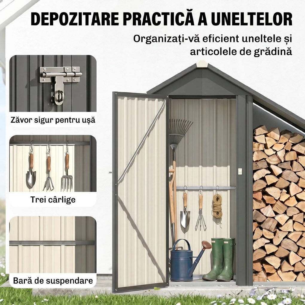 Outsunny Șopron Exterior pentru Lemne cu Dulap pentru Unelte, 0,77 m², 150x66x162 cm, Din Oțel Galvanizat, Gri Închis | Aosom Romania