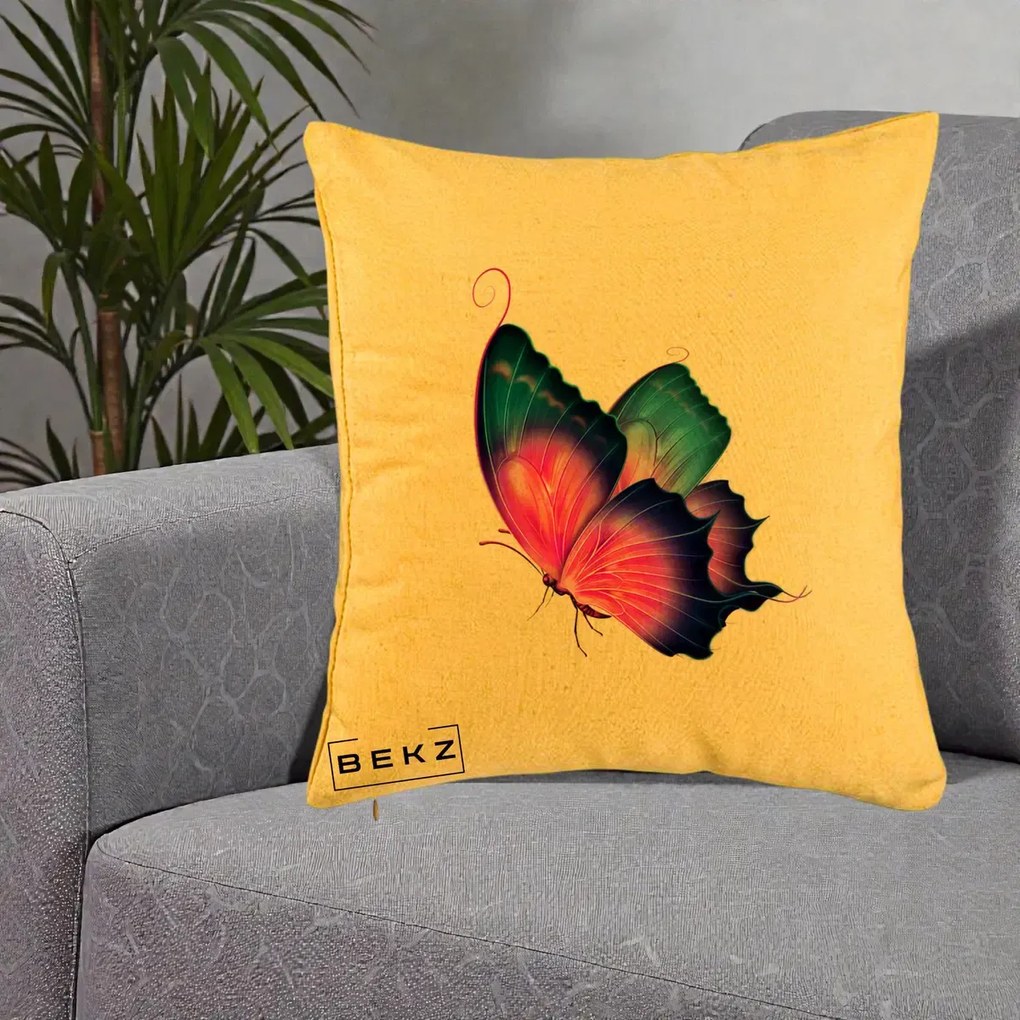 Perna Decorativa Fluture Neon, 40x40 cm, Galben, Husa Detasabila, Perna Inclusa, BEKZ®