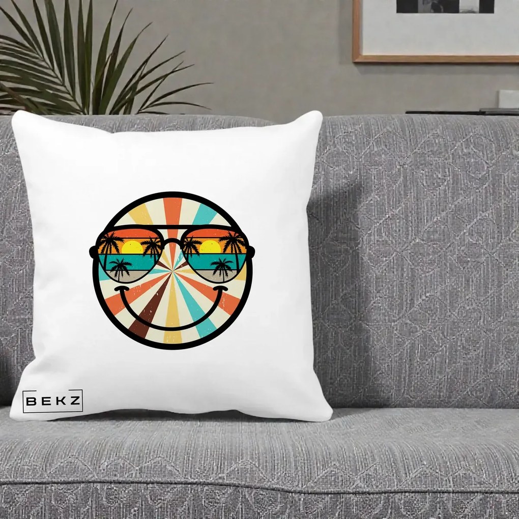 Perna Decorativa Smiley Face Retro Sunset Palmieri, 40x40 cm, Alba Mata, Husa Detasabila, Perna Inclusa, BEKZ®