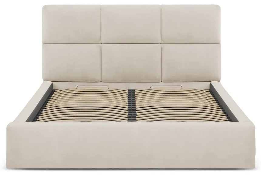 Pat matrimonial bej tapițat cu spațiu de depozitare cu somieră 200x200 cm Libera – Windsor &amp; Co Sofas