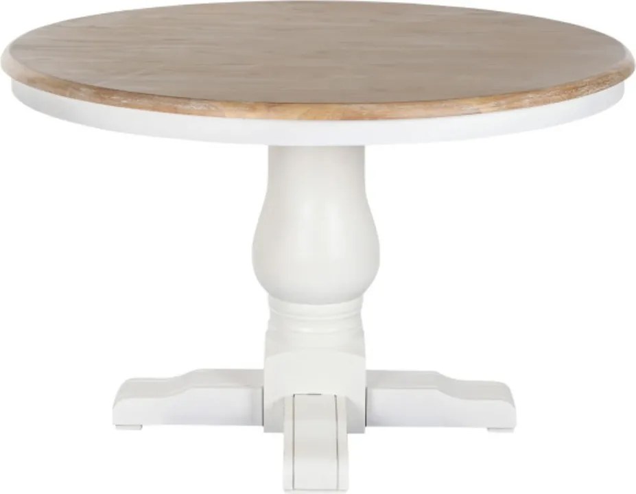 Masă dining rotundă din lemn de ulm, natur, 4–5 locuri, cu picior central strunjit, 76 x 120 cm, „Amely”