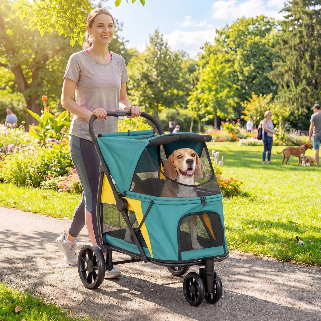 PawHut Cărucior pentru câini pliabil Cărucior pentru câini până la 20 kg cu pernă, ferestre din plasă, buzunar spate, 92 x 63 x 95 cm Verde închis | Aosom Romania