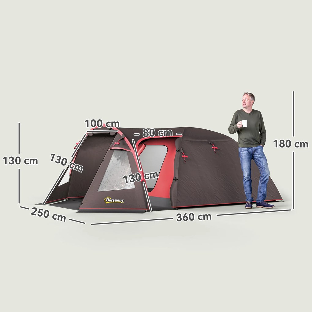 Outsunny Cort de Camping pentru 2-4 Persoane cu 2 Camere, Uși Duble și Geantă de Transport, 360x250x130 cm, Gri | Aosom Romania
