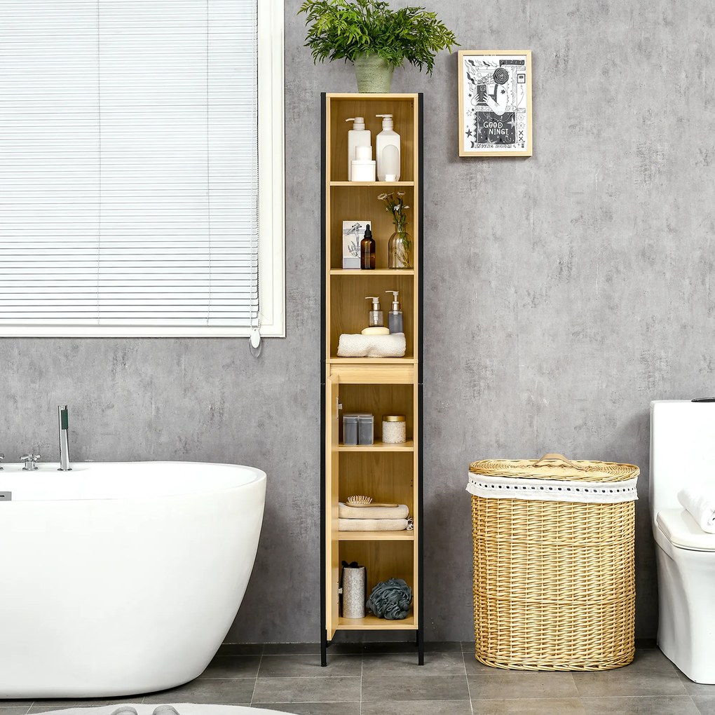Kleankin Dulap Înalt de Baie Multifuncțional, Design Modern Negru și Natural | Aosom Romania