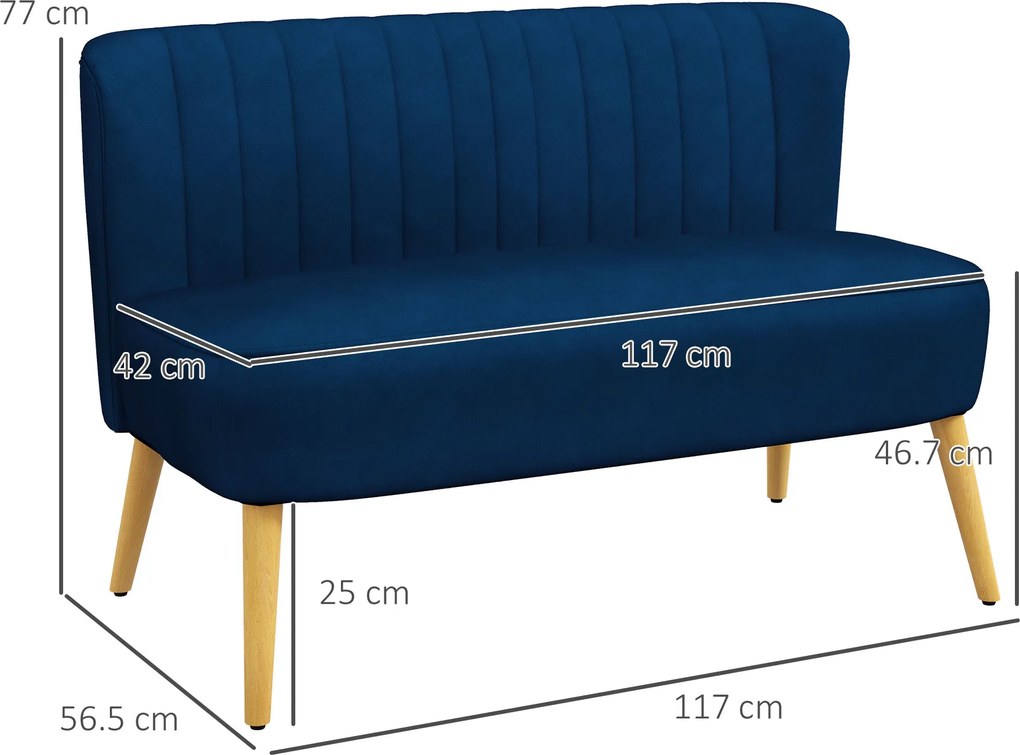 HOMCOM Canapea design retro 2 locuri, picioare din lemn, 117 cm x 56,5 cm x 77 cm, Albastru | Aosom Romania