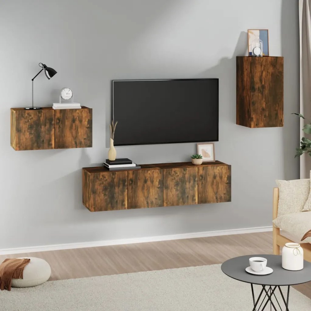 vidaXL Set dulapuri TV, 4 piese, stejar fumuriu, lemn prelucrat