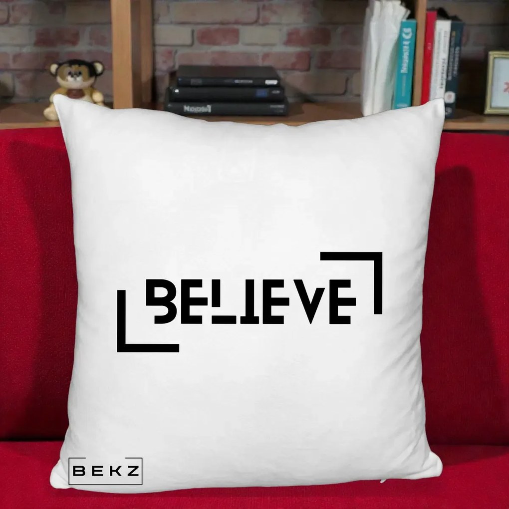 Perna Decorativa Believe Minimalist, 40x40 cm, Alb Pufos, Husa Detasabila, Perna Inclusa, BEKZ®