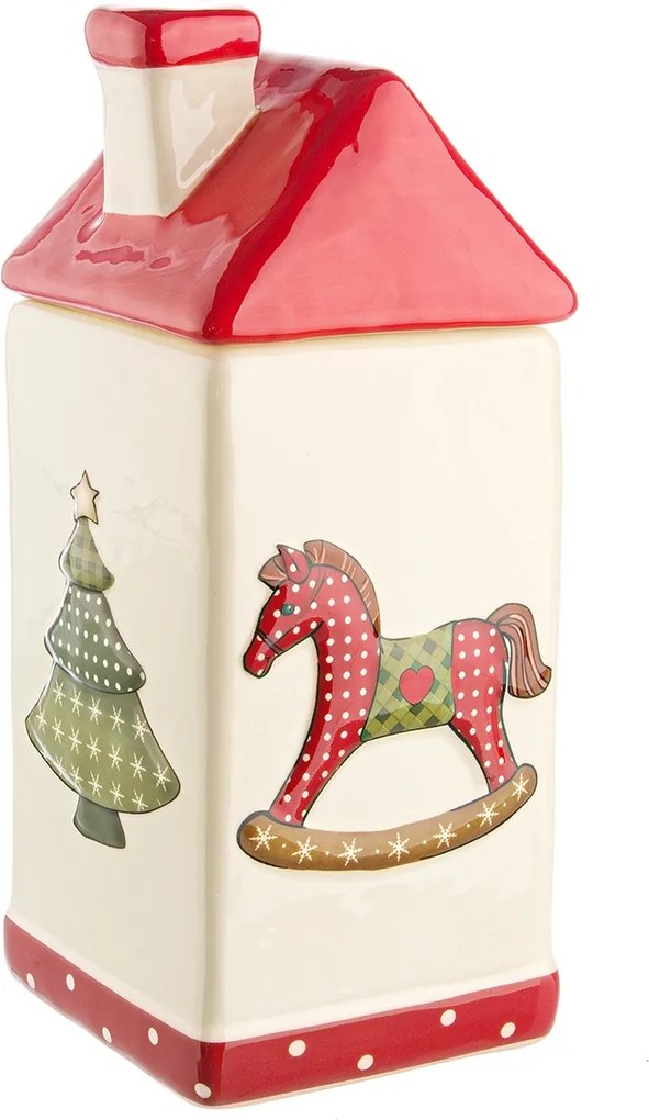 Borcan Craciun ceramic decorativ cu capac model Casuta 11x11x27h