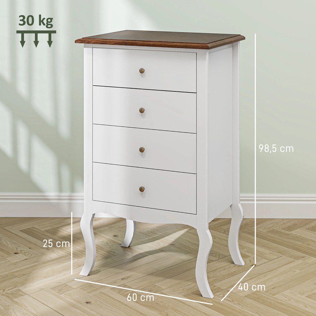 HOMCOM Cămin de Dormitor cu 4 Sertare Design Anti-răsturnare Coteț pentru Sufragerie Hol 60x40x98,5 cm Alb și Stejar | Aosom Romania