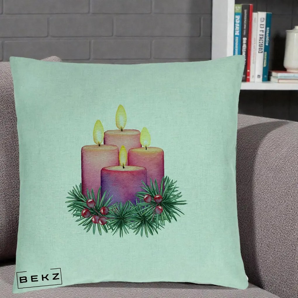 Perna Decorativa Lumanari Advent Roz-Violet, 40x40 cm, Verde Menta, Husa Detasabila, Perna Inclusa, BEKZ®