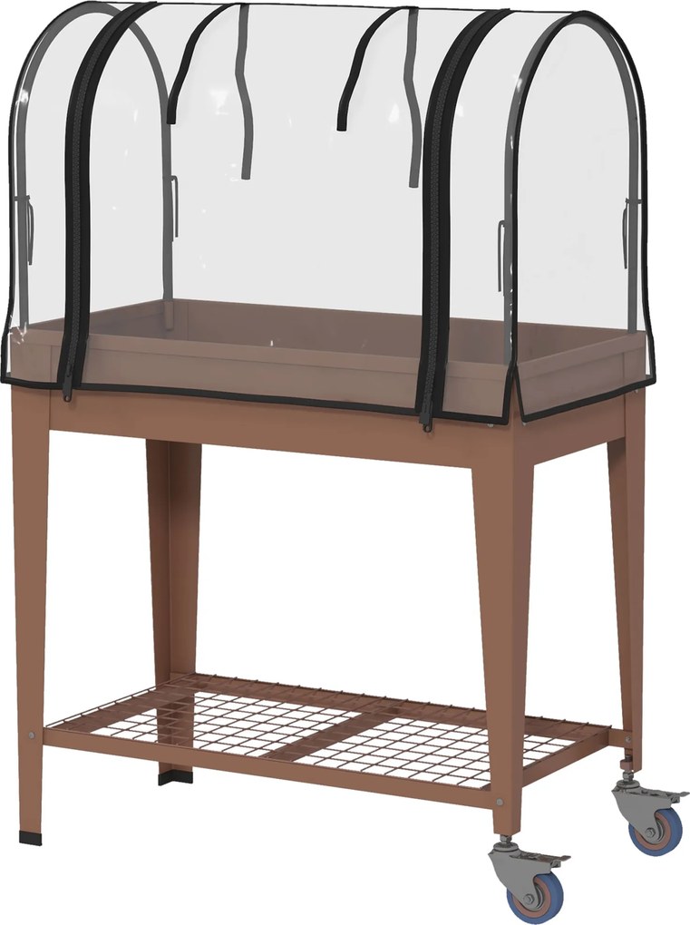 Outsunny Strat de Gradină Înălțat cu Acoperiș de Sera, Jardiniera Mobilă cu Roți și Raft Inferior pentru Legume, Flori, Ierburi | Aosom Romania