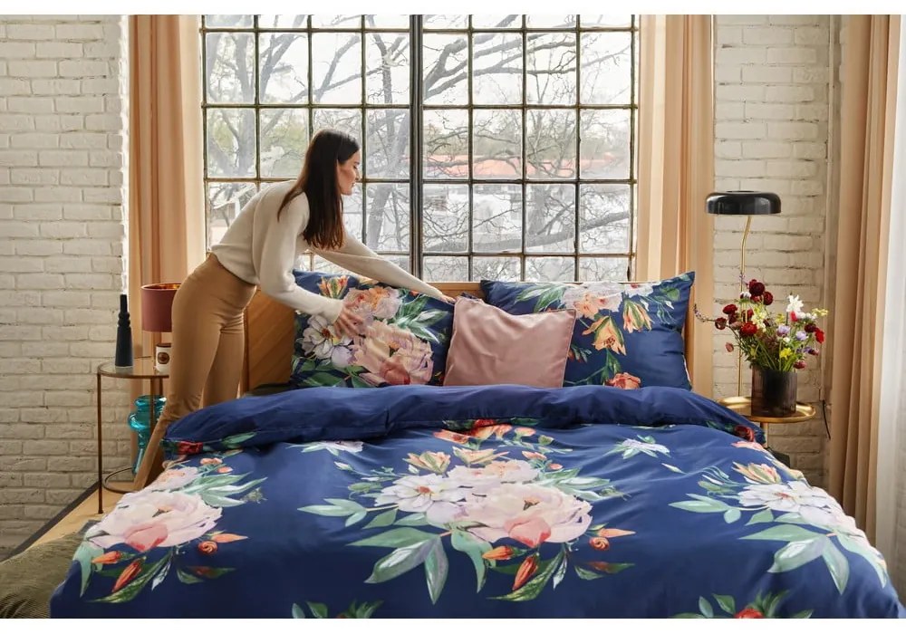 Lenjerie de pat din bumbac satinat pentru pat dublu Bonami Selection Floret, 160 x 200 cm, albastru marin