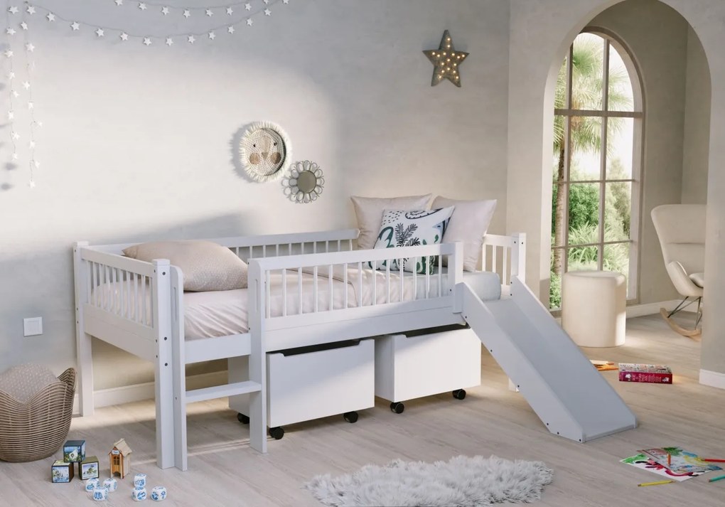 Pat Semi-Înălțat (Mid Sleeper) Forrest Beech 90x200 cm, pentru Camera Copii, din Lemn de Fag Lăcuit Alb, cu Tobogan și Sertare – Vipack