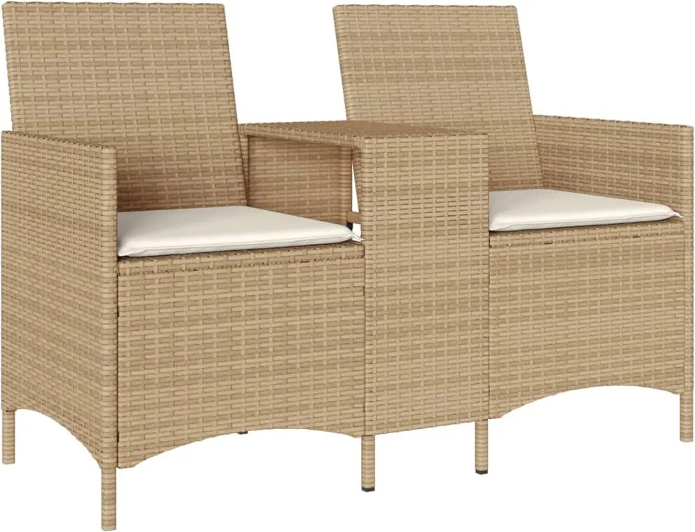 vidaXL Canapea de grădină cu 2 locuri cu masă/perne, bej, poliratan