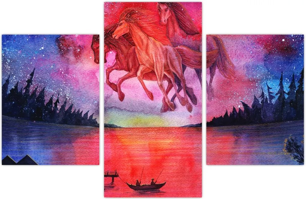 Tablou - Apariția cailor spațiali peste lac, acuarelă (90x60 cm)