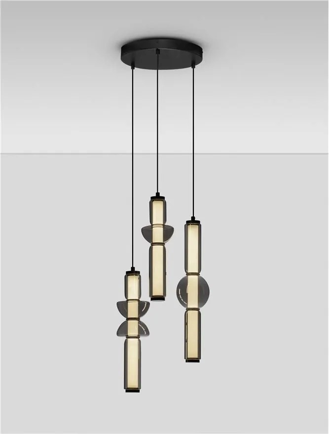 Lustra moderna cu 3 pendule LED, Metal, Negru, Sticla, Fumurie, Ulon