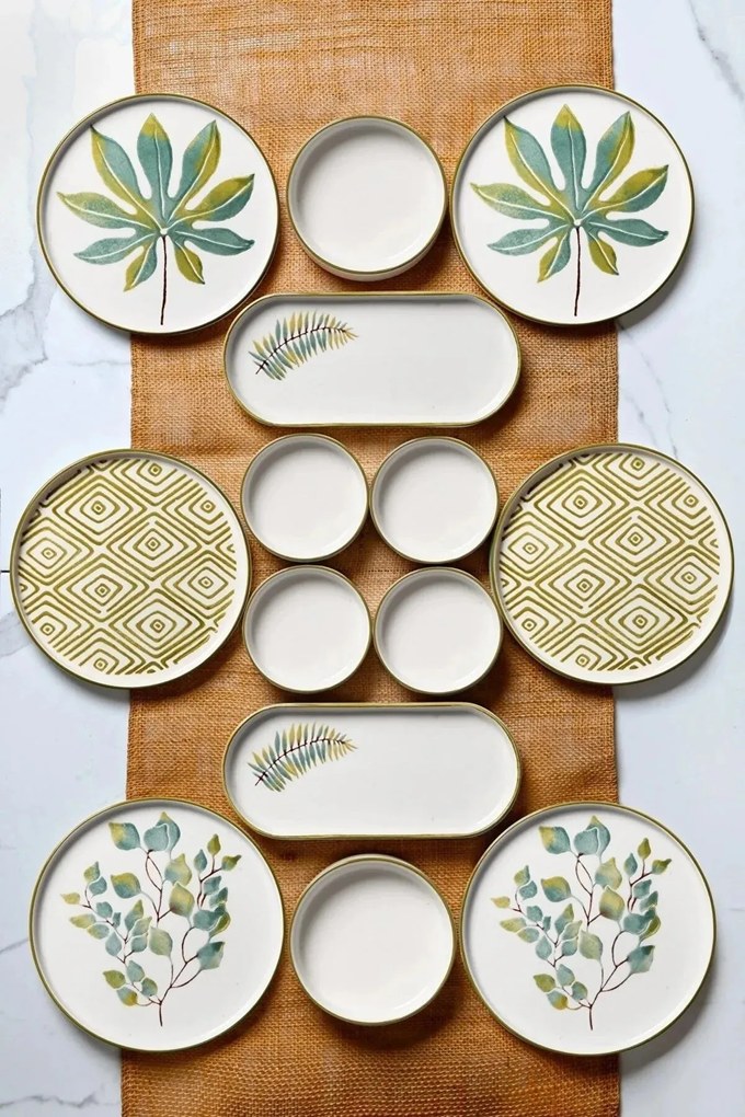Set mic dejun MCH009904, 14 piese, alb/verde/galben, ceramica
