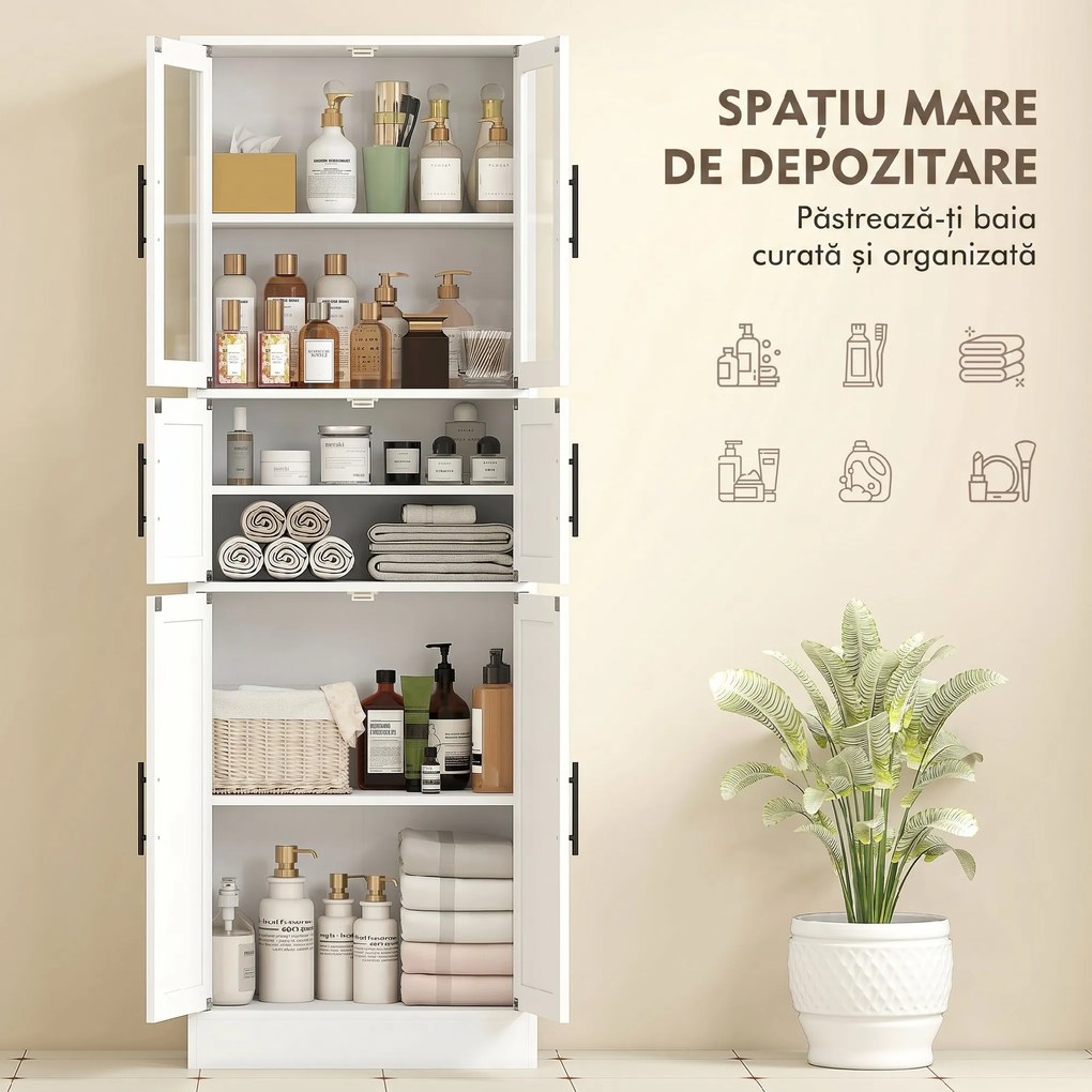 HOMCOM Dulap înalt de baie slim, 170 cm, cu 6 rafturi, uși din sticlă și rafturi reglabile, pentru living sau bucătărie, stil modern, 60x30x170 cm, alb | Aosom Romania
