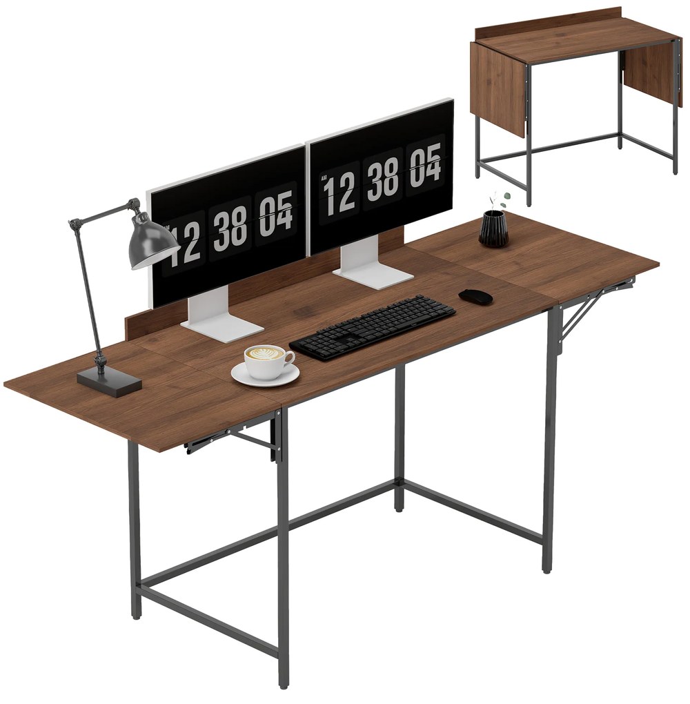 HOMCOM Birou pliant masă de calculator 2 aripi pliabile pentru 2 monitoare, pentru cameră, spații mici, 170 x 58 x 78 cm nuc | Aosom Romania