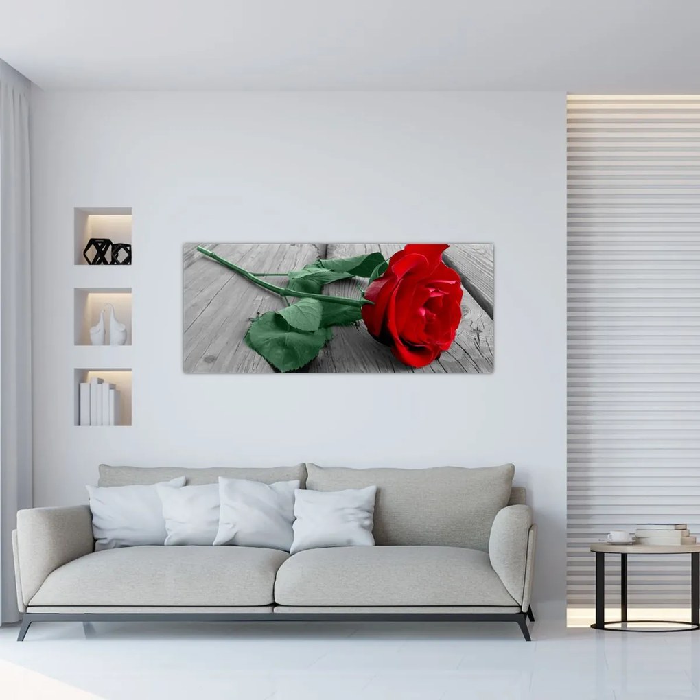 Tablou - Trandafir roșu cu tulpină verde (120x50 cm)