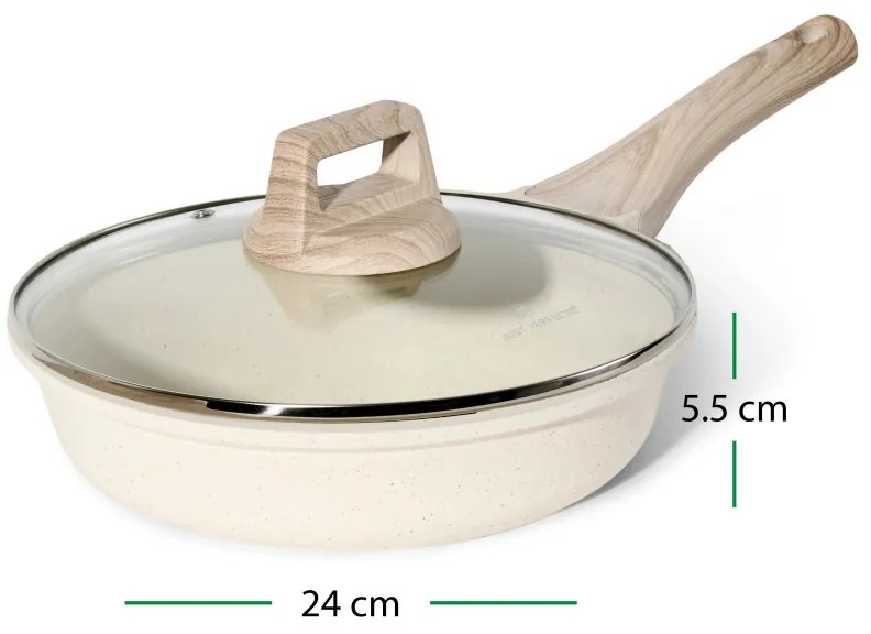 Tigaie Just Perfecto JL-41, 24 cm, Capac din sticla, Acoperire marmura, Fara PFAS, Inductie, Bej