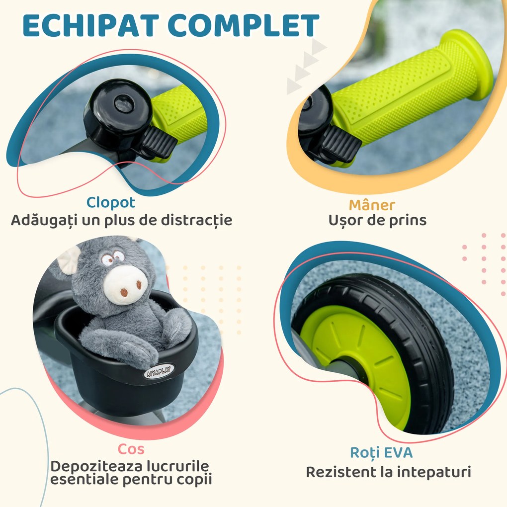 AIYAPLAY Tricicletă pentru Copii cu Scaun Reglabil, Bicicletă pentru Copii cu Coș și Clopoțel, 70.5x53x58 cm, Negru | Aosom Romania