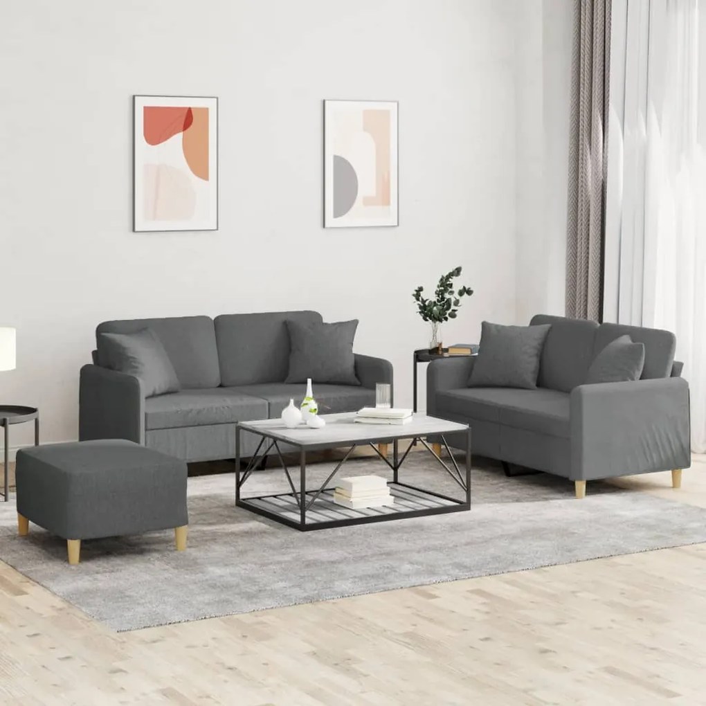 vidaXL Set de canapele cu perne, 3 piese, gri închis, textil