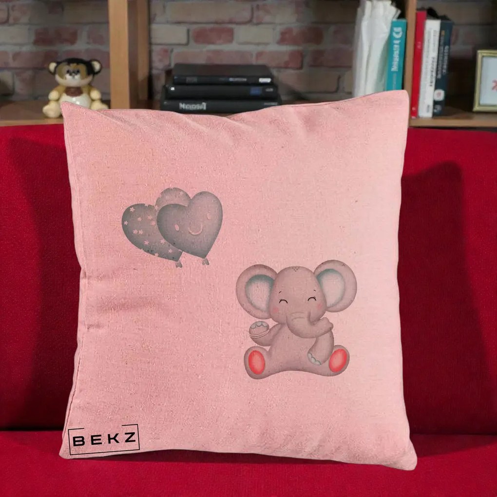 Perna Decorativa, Model Elefant si baloane in forma de inimioare, 40x40 cm, Roz, Husa Detasabila, Perna Inclusa, BEKZ®