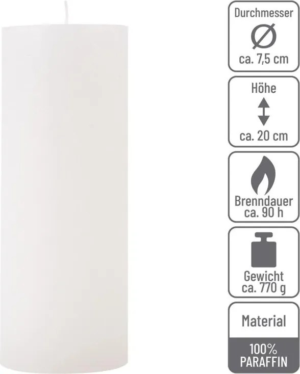 Set de lumânări rustice, 20 cm, Ø 7,5 cm, alb, 4 buc