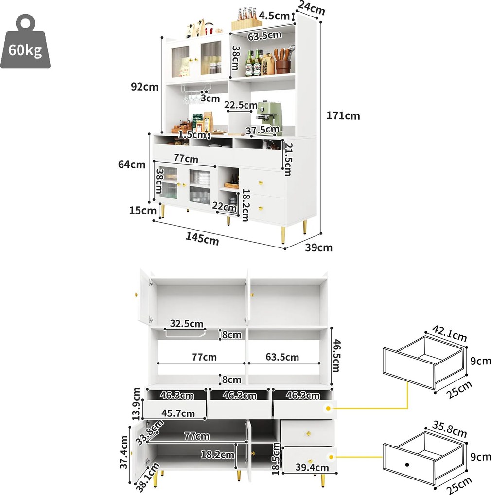 Dulap înalt pentru sufragerie, cu uși cu geam perforat, decor auriu și spațiu mare de depozitare pe mai multe niveluri, 145x39x171 cm, Alb