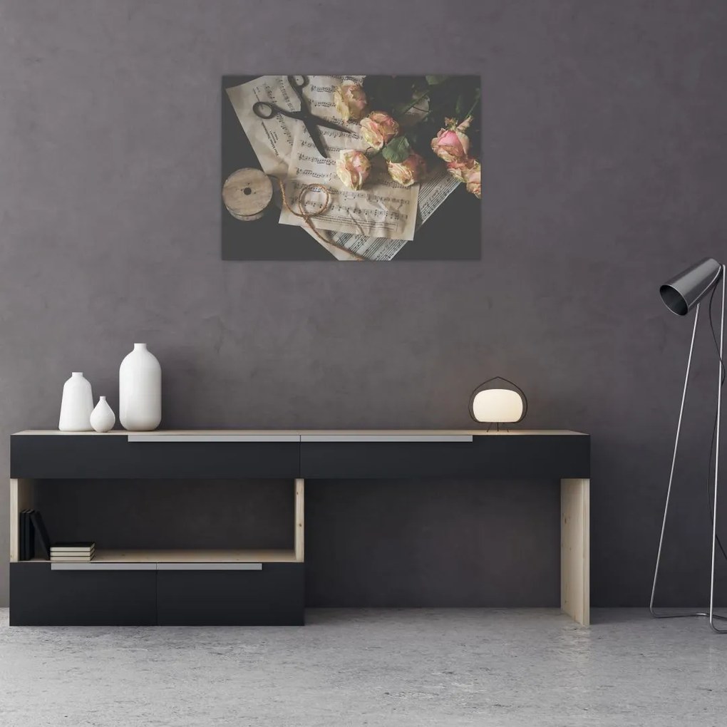 Tablou pe sticlă cu note muzicale și trandafiri (70x50 cm)