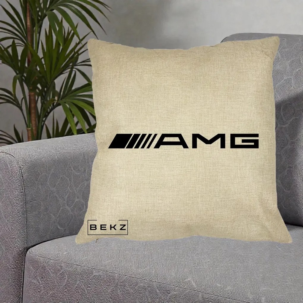 Perna Personalizata cu emblema Mercedes-AMG, 40x40 cm, Crem, Husa Detasabila, Perna Inclusa, BEKZ®