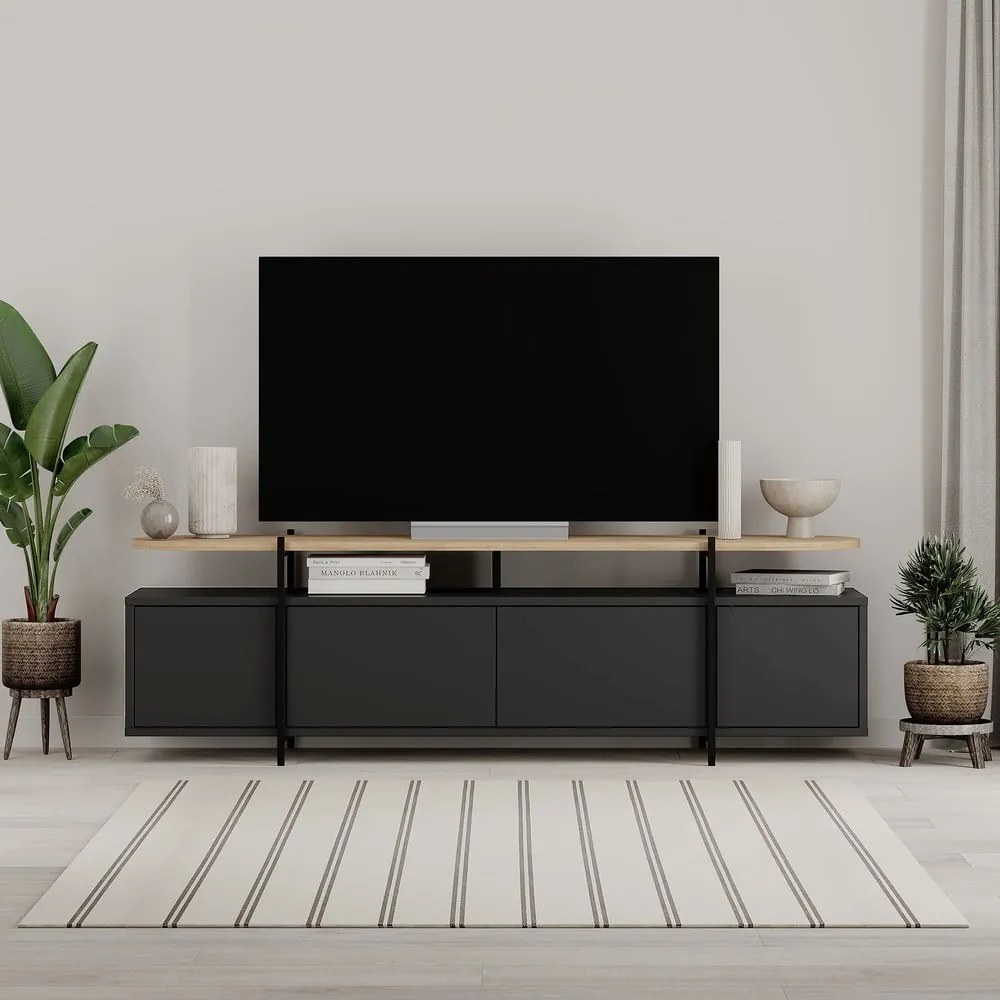 Masă TV neagră cu aspect de lemn de stejar 160x48 cm Hinoa – Marckeric