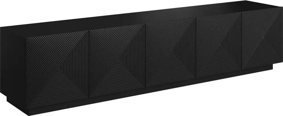 Comodă TV Asha 200 cm, cu 5 uși și fronturi riflate – negru mat