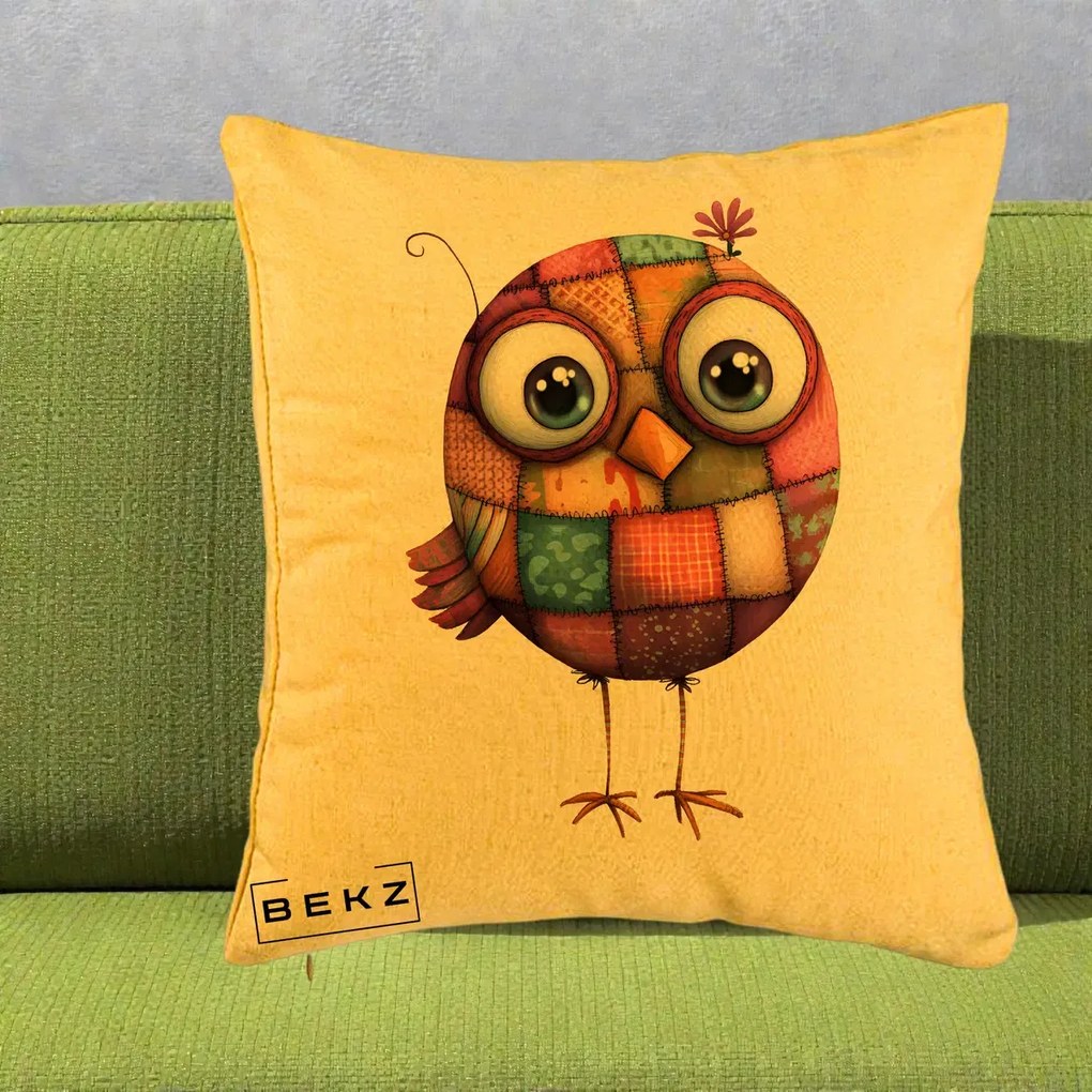 Perna Decorativa Pasare Patchwork Roz cu Floare, 40x40 cm, Galben, Husa Detasabila, Perna Inclusa, BEKZ®
