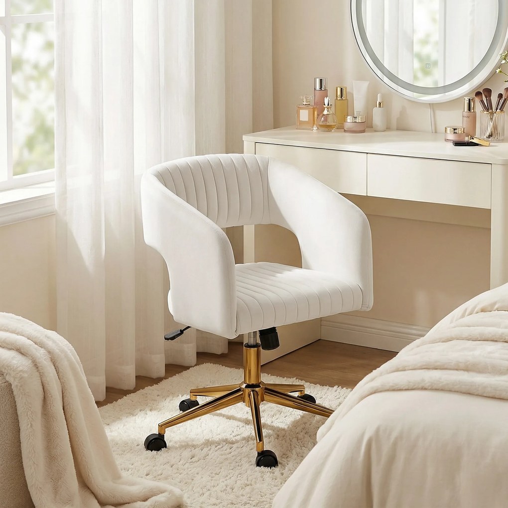 HOMCOM Scaun de birou pe roți cu tapițerie din catifea, scaun de birou reglabil pe înălțime, funcție de înclinare, Alb crem | Aosom Romania