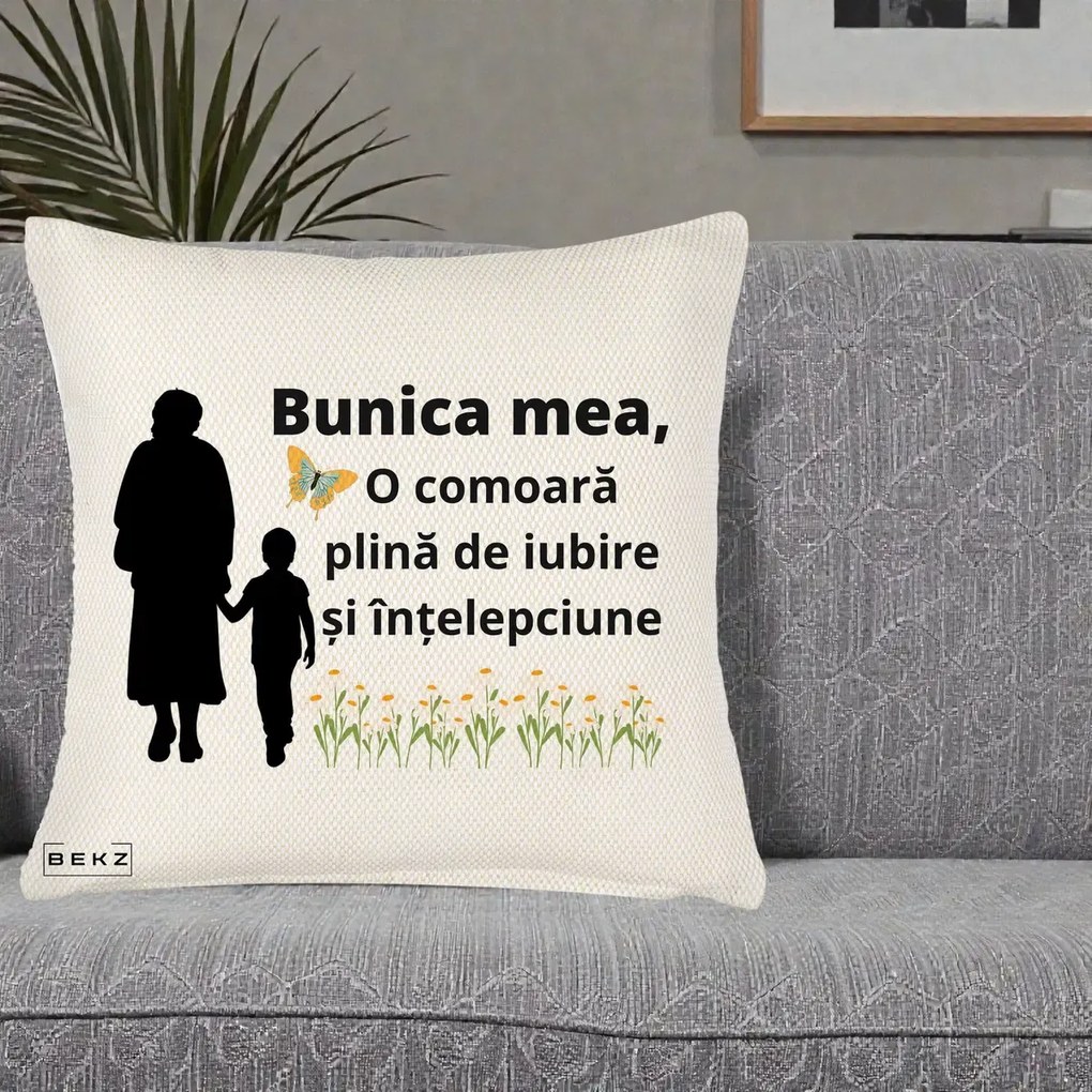 Cadou pentru Bunica - Perna Personalizata Bunica Mea Comoara cu Fluture si Baietel, 40x40 cm, Crem Reliefat, Husa Detasabila, Perna Inclusa, BEKZ®