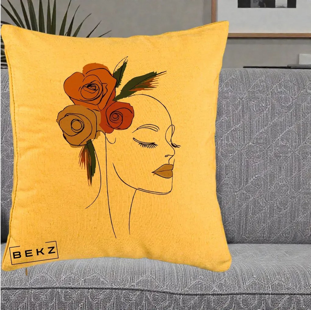 Perna Decorativa Portret Feminin Trandafiri Ruginii, 40x40 cm, Galben, Husa Detasabila, Perna Inclusa, BEKZ®