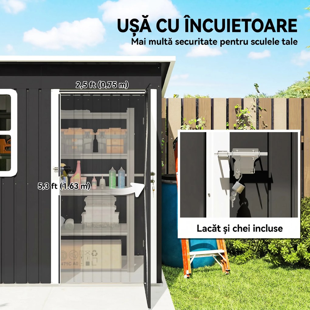 Outsunny Căsuță de Grădină 2,55m² din Oțel Zincat cu Kit de Fundație, Ușă Blocabilă, Acoperiș Înclinat, Gri | Aosom Romania