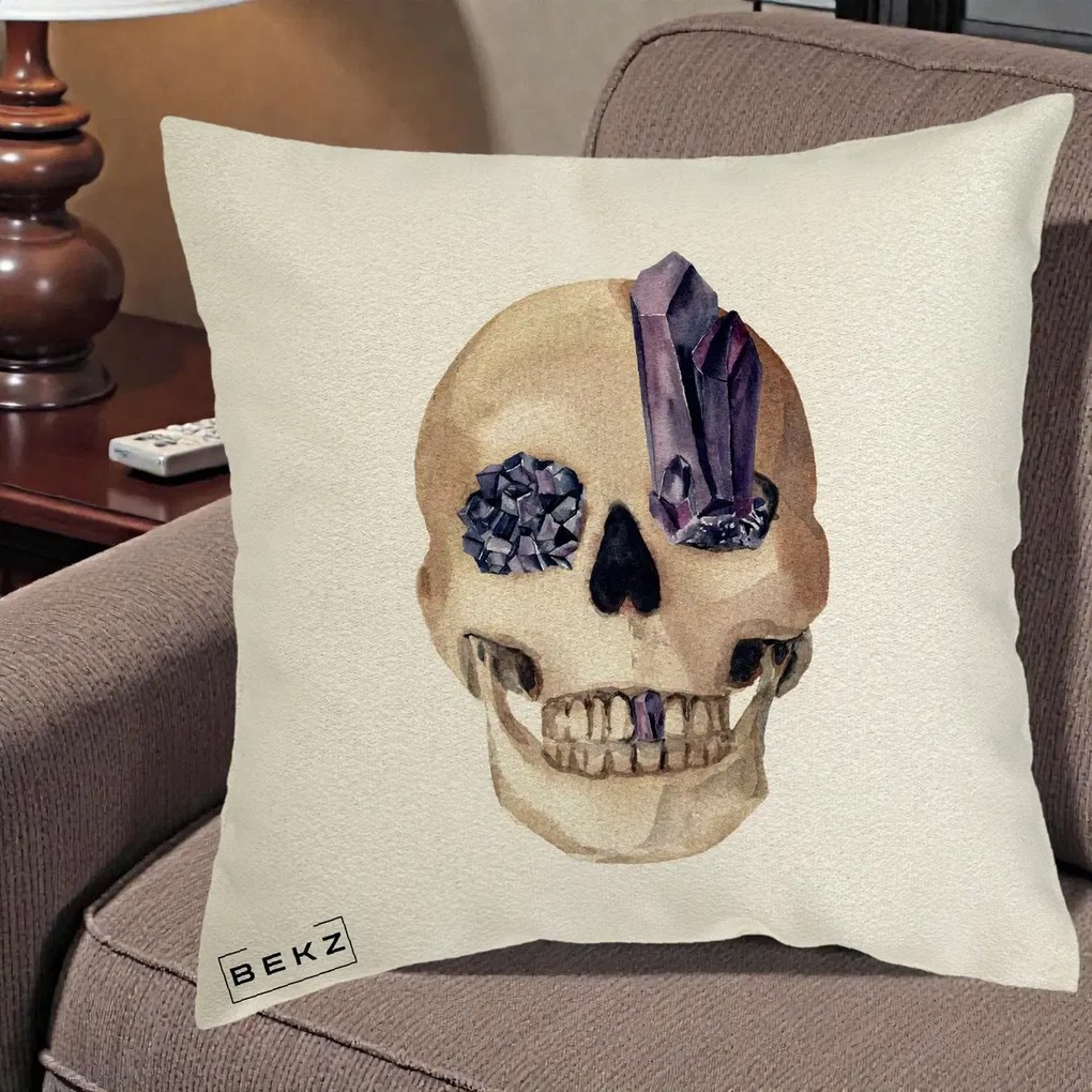 Perna Decorativa Craniu cu Cristale de Ametist, 40x40 cm, Ecru, Husa Detasabila, Perna Inclusa, BEKZ®