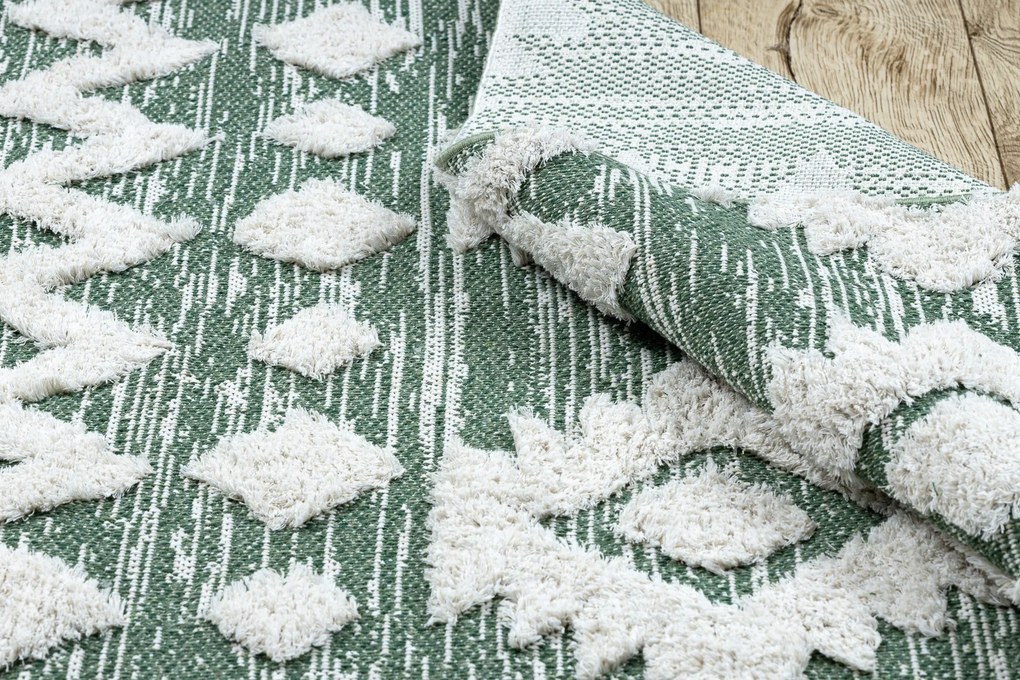 Covor ECO SISAL BOHO MOROC Etno Zig zag 22319 franjuri - două niveluri de lână verde / cremă, covor reciclat