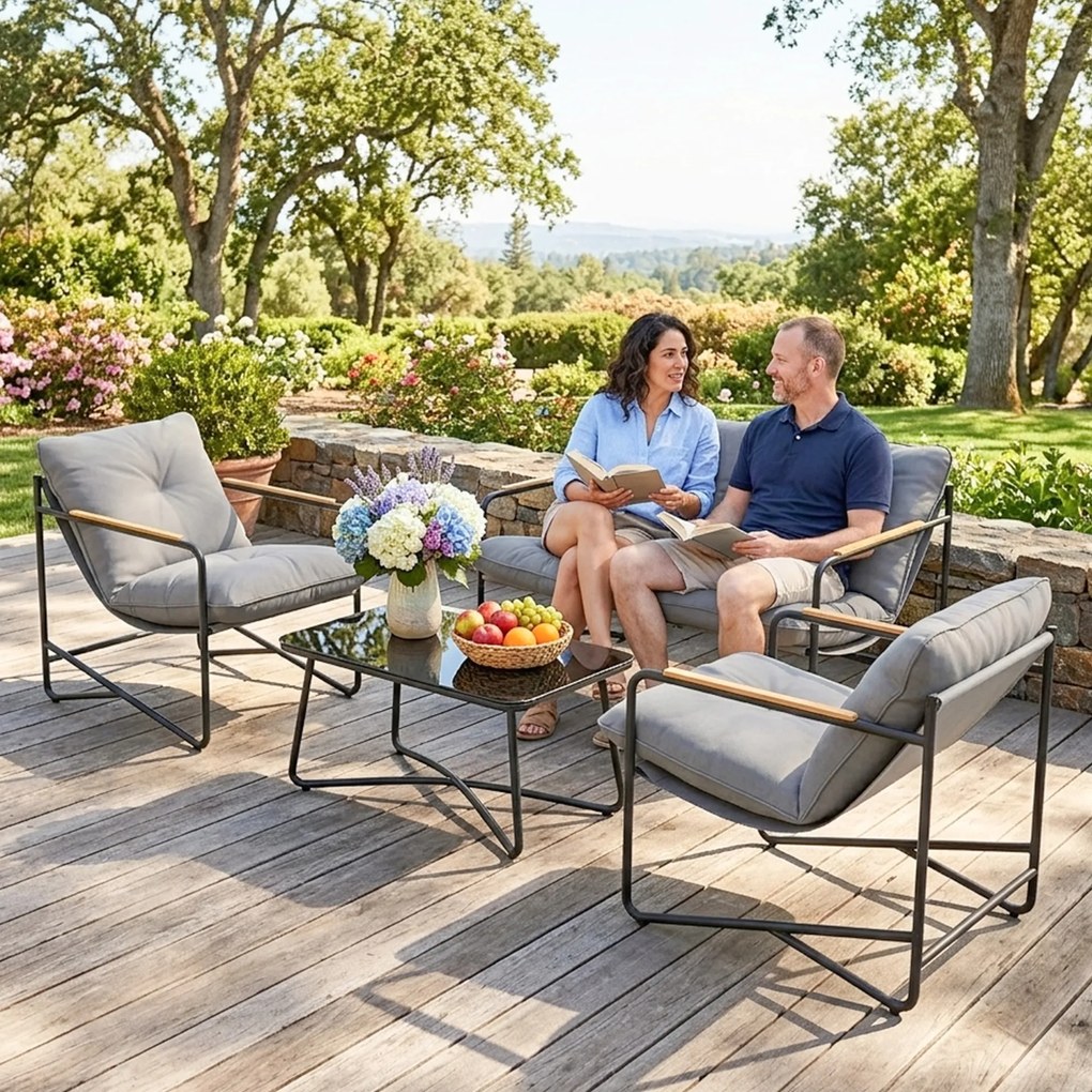 Set de Grădină Outsunny cu Canapea, 2 Fotolii și Măsuță cu Blat din Sticlă, Mobilier de Exterior cu Perne Groase, Gri Deschis | Aosom Romania