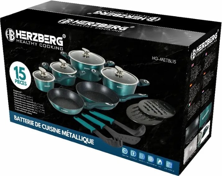 Set oale si tigai Herzberg HG-METBL15, 15 piese, Aluminiu 3003, Acoperire marmura, Capace din sticla, Inductie, Verde albastru