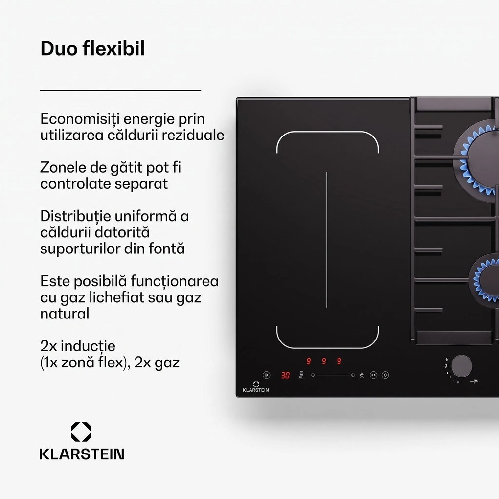 Klarstein MultiChef 4, plită cu inducție și gaz, 4 zone de gătit, 2 arzătoare cu gaz, 2 plite cu inducție, FlexZone