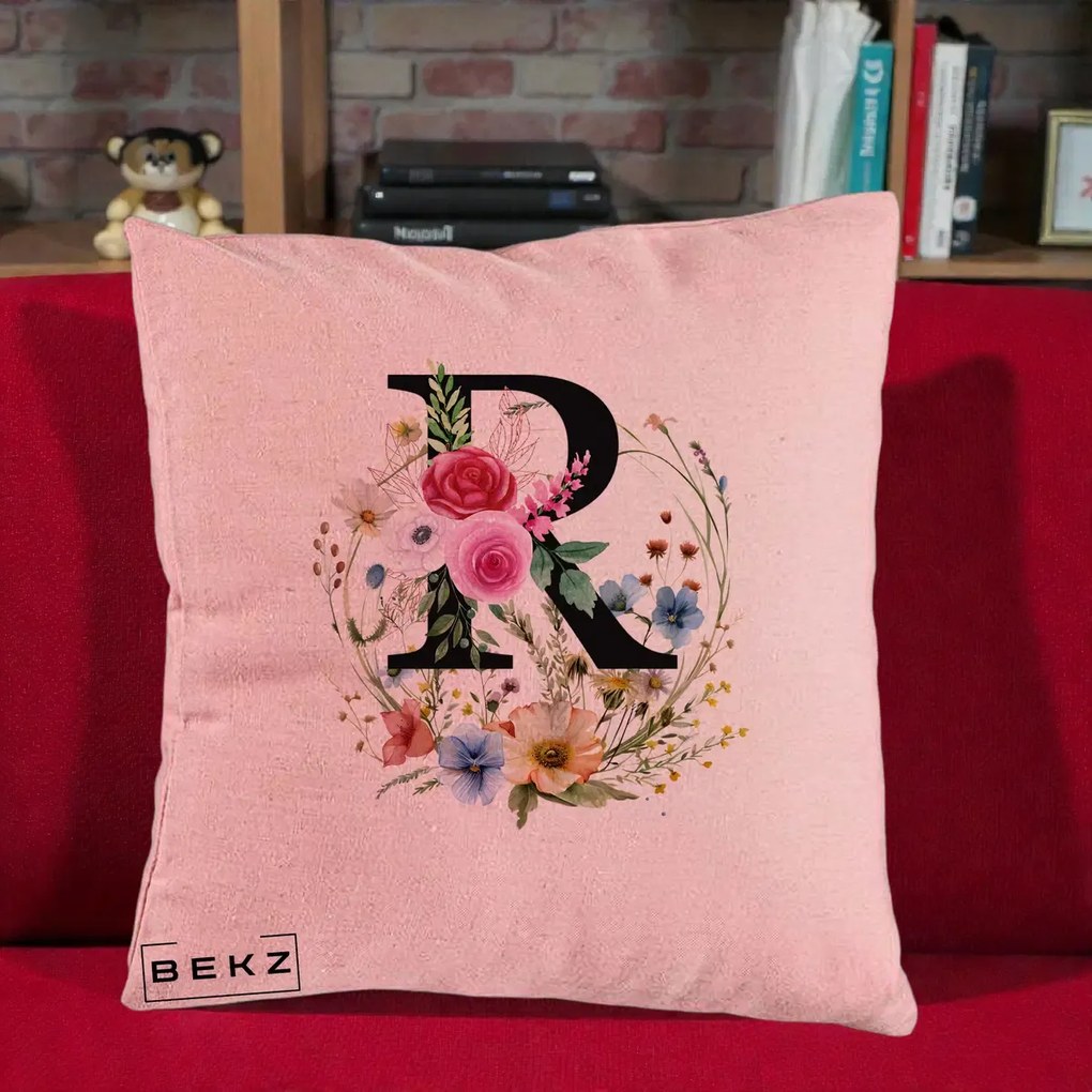Cadou Personalizat - Perna Personalizata Monogram Litera R cu Flori Acuarela, 40x40 cm, Roz, Husa Detasabila, Perna Inclusa, BEKZ®