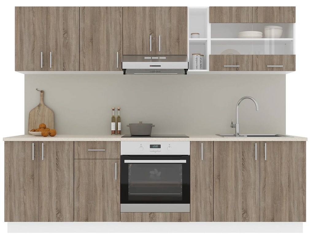 Set Bucatarie Karo V19, Stejar Sonoma Inchis/Alb, Blat Thermo 28 mm, L 260 cm