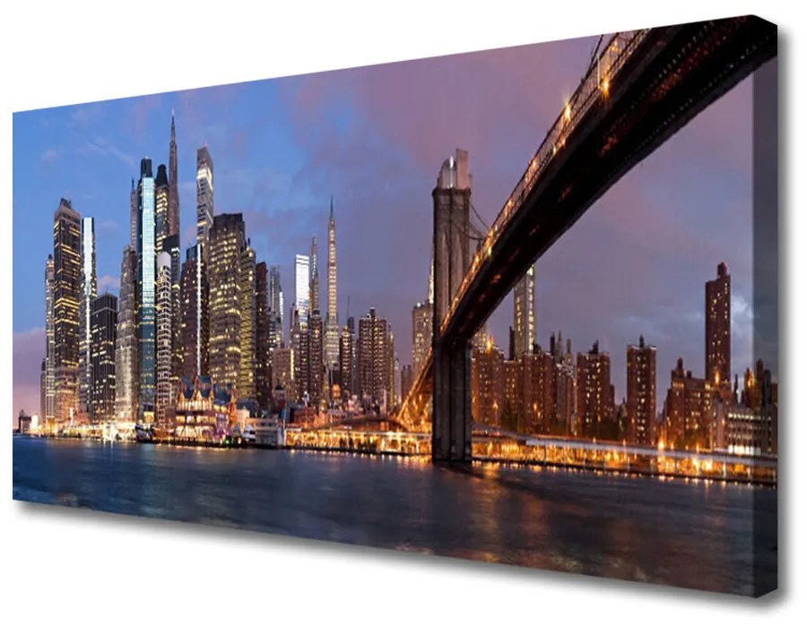 Tablou pe panza canvas Bridge City Case Galben Maro Gri Albastru